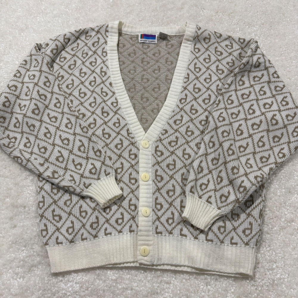Vintage Sweater Graphix Cardigan Mens L Tan Cream Geometric Monogram Knit V-Neck
